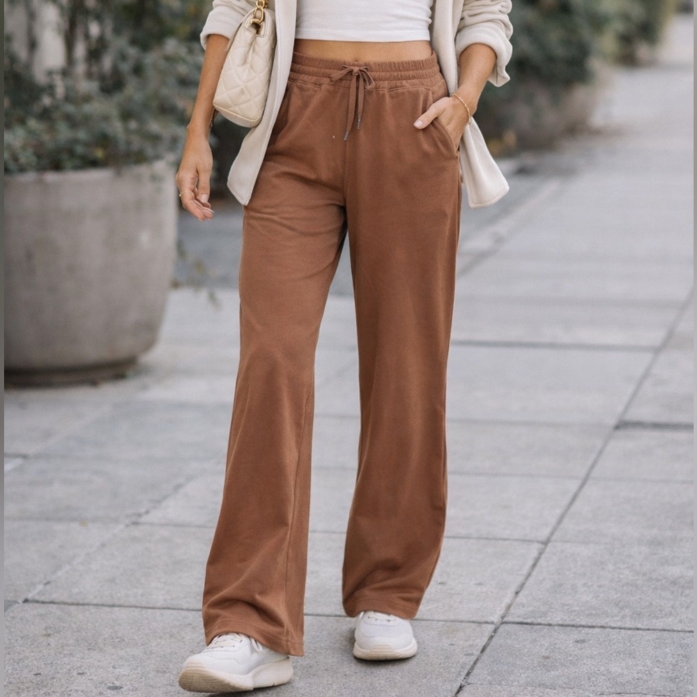Athleta Brown Straight-Leg Drawstring Pants medium tall